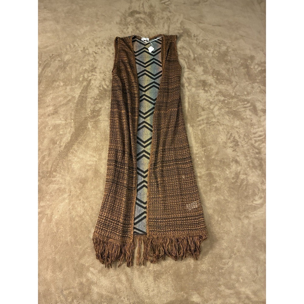 NWT Calessa Womens Brown Longline Fringe Duster‎ Vest Chevron Back 70s Rockstar